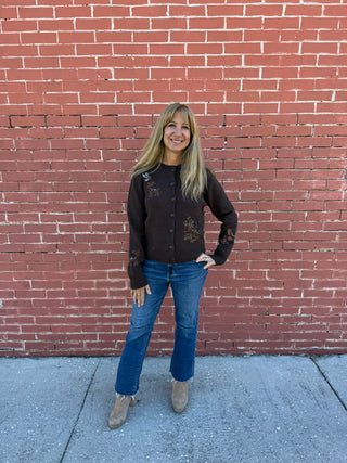 Woodland Embroidery Detail Button Down Knit Cardigan Brown