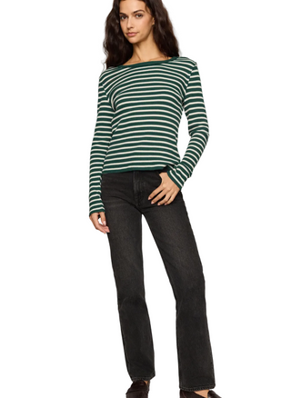 a woman wearing a Z Supply Arlet Stripe Thermal Top - Velvet Green