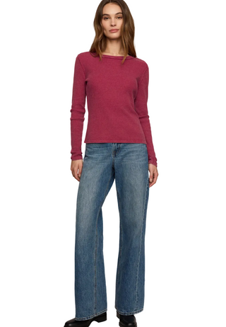 a woman wearing a Z Supply Arlet Thermal Top - Red Dahlia