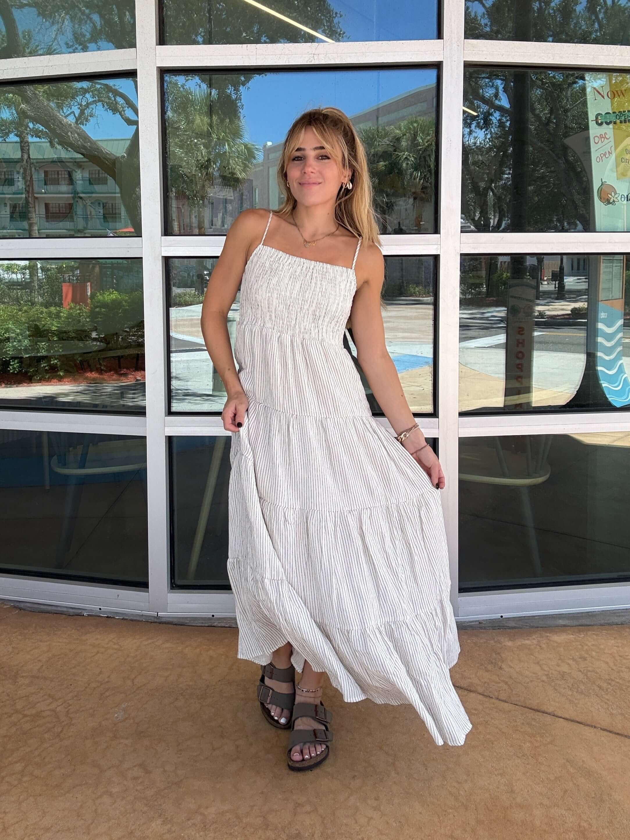 balos striped gauze maxi dress Z Supply Balos Striped Maxi Dress Natural / L