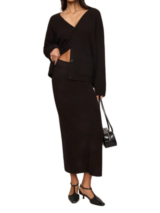 a woman wearing a brown Z Supply Cozy Moment Sweater Midi Skirt