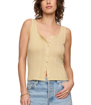 a woman wearing Z Supply Lainey Pointelle Tank- Lemon