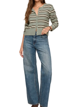 a woman wearing a  Z Supply Medina Cozy Stripe Aqua Cardigan