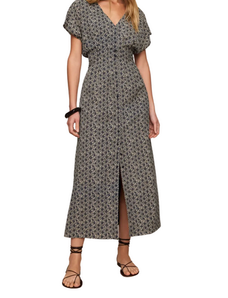 woman wearing Z Supply Sanna Iris Floral Maxi Dress in the color Eclipse