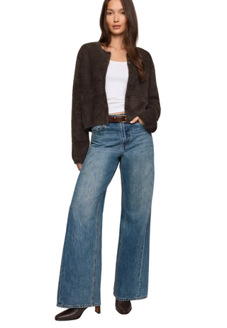 a woman wearing a brown Z Supply Winterglow Fluffy Cardigan Cocoa Bean