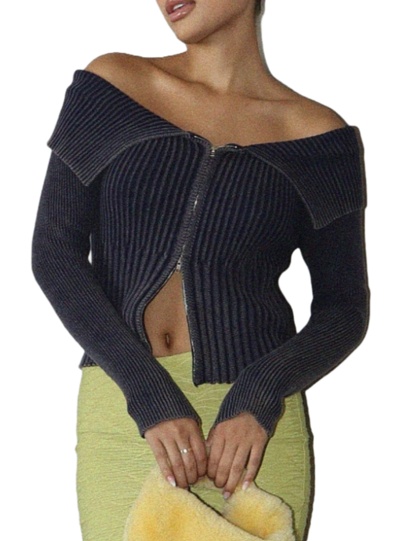 Zippered Bliss Off-Shoulder Ribbed Sweater  A luscious garment-washed amethyst off-shoulder rib top with a front zipper, wide collar, and thumb holes. This cozy yet stylish top boasts a muted amethyst hue, blending fashion and comfort effortlessly for a chic and trendy look.   Material: 60% Cotton, 40% Polyester