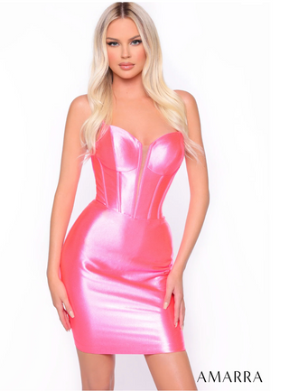 Model wearing a pink metallic dress with 'AMARRA' branding on a white background