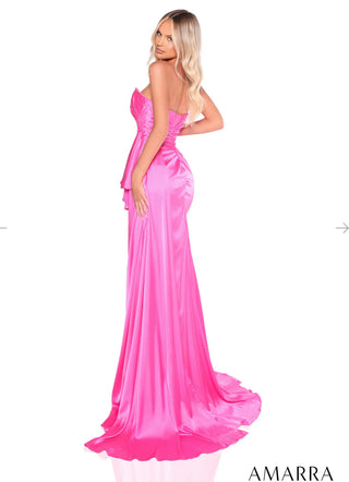 Pink evening gown on a white background with 'AMARRA' branding.