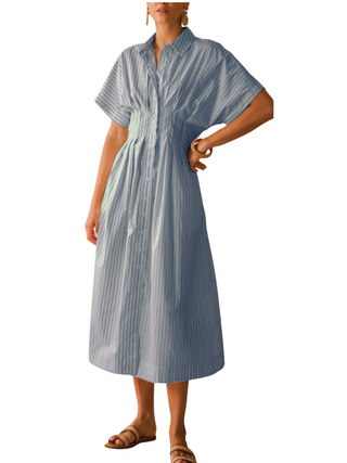Blue Striped Pintuck Button Front Midi Dress