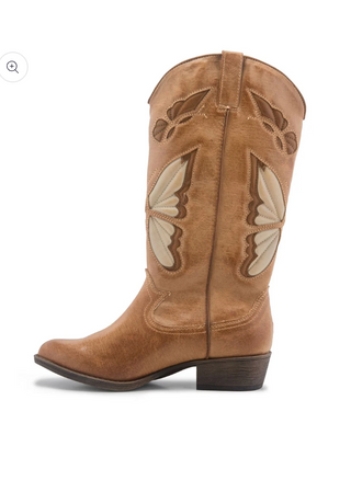 Brown cowboy boot with butterfly designs on a white background