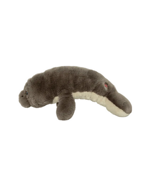 Plush toy manatee on a product page with a shopping cart icon.
