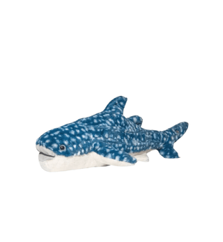 A plush whale shark toy with a blue and white spotted pattern, shown against a plain white background.