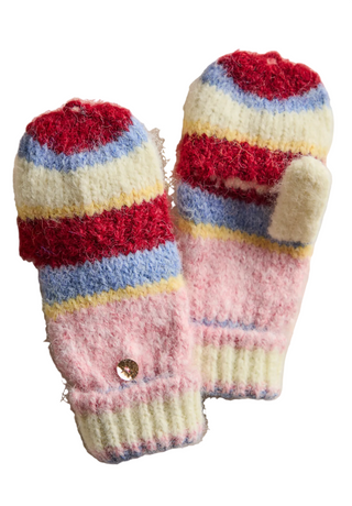 A pair of fuzzy knit mittens with horizontal stripes in red, cream, light blue, yellow, and pink, displayed on a neutral beige fabric background.