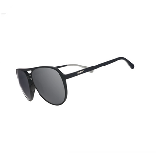 black aviator style sunglasses with silver reflective lenses