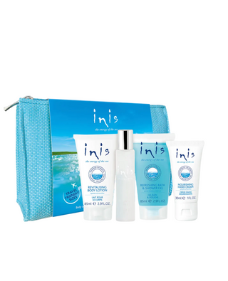 Inis skincare product set with a blue pouch on a white background