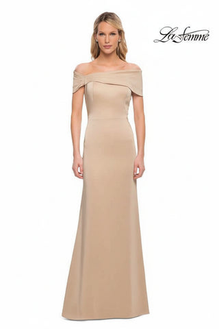 Woman champage a mauve off-shoulder evening gown on a white background with 'La Femme' branding.