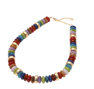 Colorful beaded necklace with a gold chain on a white background