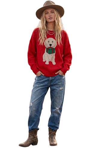 a woman waring a Red Christmas Puppy Graphic Sweater 
