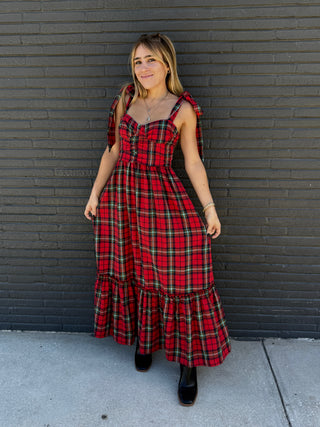 red plaid midi dress with tie shoulders