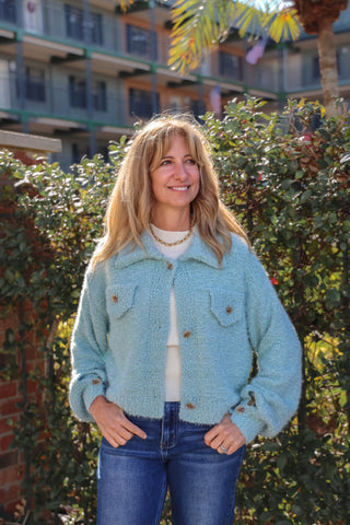 Faye Fuzzy Cardigan in Seafoam