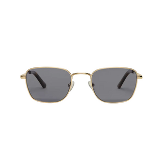 Gold-framed sunglasses with gray lenses on a white background