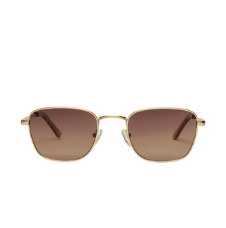 Gold-framed sunglasses with brown lenses on a white background
