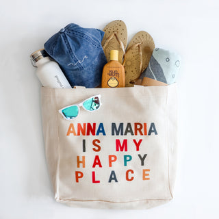 Anna Maria is My Happy Place Oversized Bag. canvas with rainbow letters. 