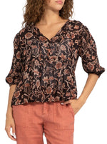 Bloom Blouse in Dusk Floral  Floral babydoll top with front drawstrings. 