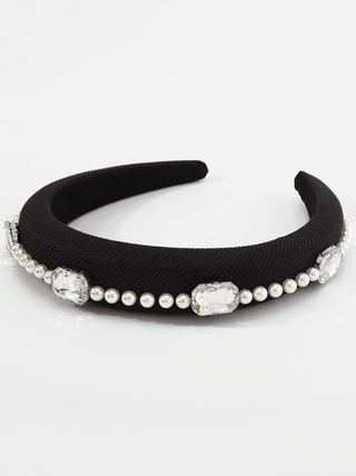 Crystal and Pearl Headband in Black  Padded Headband with large crystals and pearls  6.1" x 4.92" Wider Coverage 1.18"  One Size Fits All 