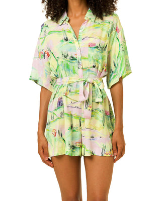 Dahlia Watercolor Romper  Soft Viscose button down romper made from recycled or sustainably resourced materials.  Material: 51% Ecovero Viscose, 49% Viscose
