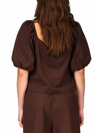 Day Off Blouse in Chocolate Chip  Square neck, puff sleeve blouse. Sustainably made. Back view. 