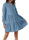 Delilah Denim Dress  Woven mini denim dress with ruffle tier detail.  Long sleeve with tab detail.  Material:  100% Cotton