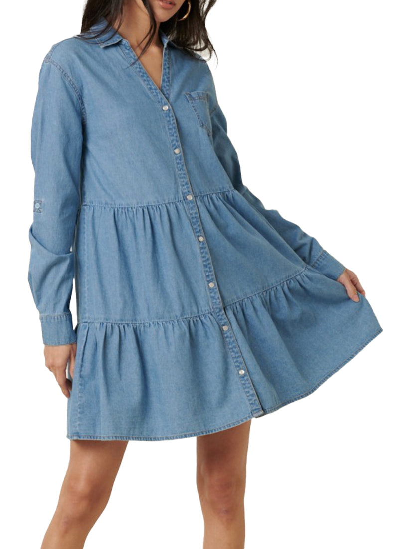 Delilah Denim Dress  Woven mini denim dress with ruffle tier detail.  Long sleeve with tab detail.  Material:  100% Cotton