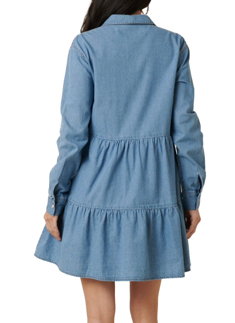 Delilah Denim Dress  Woven mini denim dress with ruffle tier detail.  Long sleeve with tab detail.  Material:  100% Cotton Back view