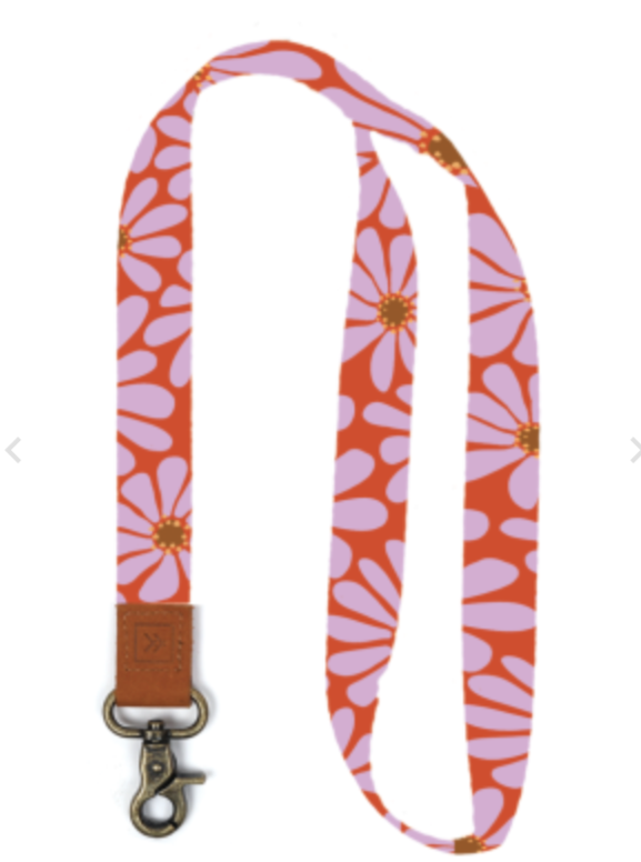 neck lanyard with floral patter in purple and orange