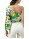 This Flower Power Top features a one shoulder with a bell sleeve.  Back View. 97% Rayon 3% Spandex