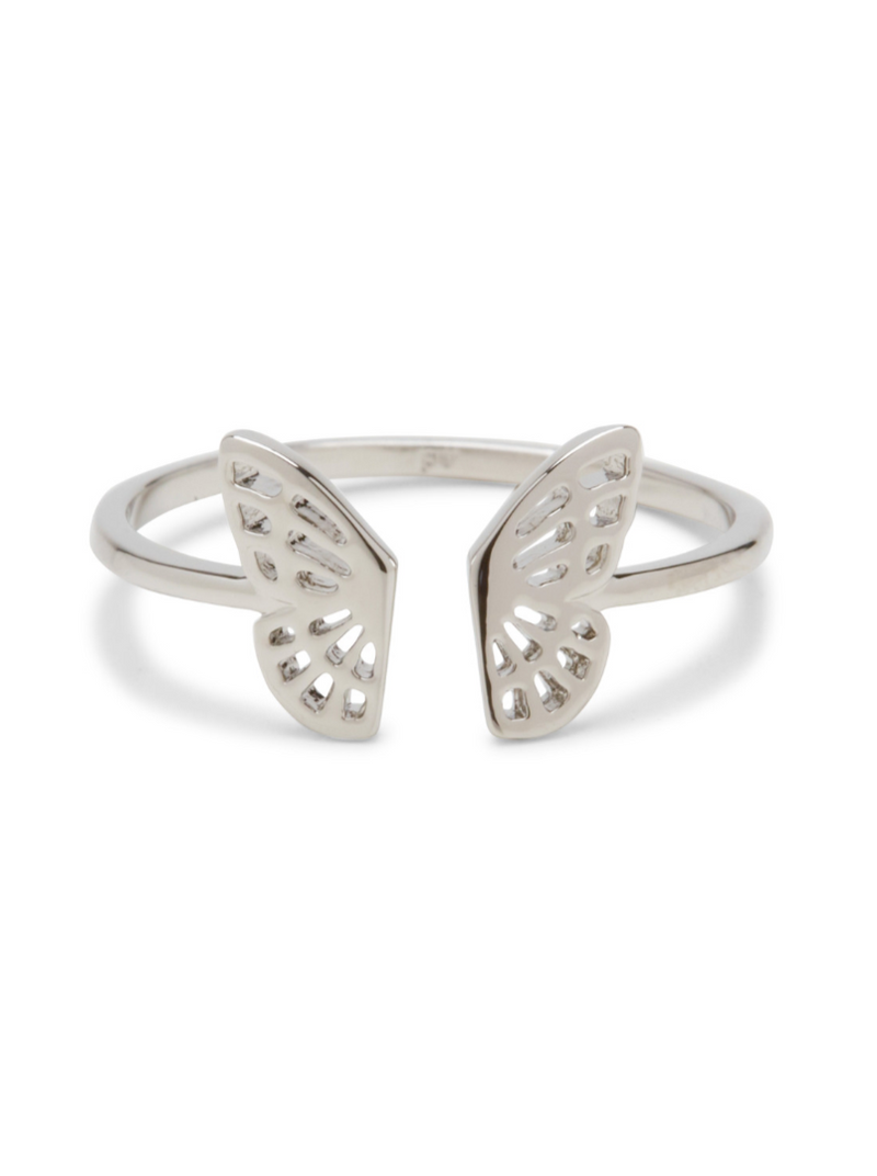 Fly Away Ring Pura Vida  Look oh-so-fly in our ultra femme and fashionable butterfly rings. A delicate butterfly poised for flight in shimmering silver or romantic rose gold, a whimsical edition to any ring stack.  Brand: Pura Vida Material: Brass Base with Rhodium Plating