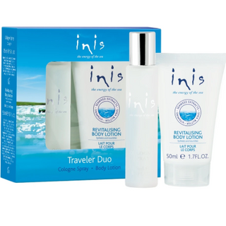 This traveler duo, which makes a great grab-n-go gift at a great value, includes a travel size spray and a free revitalizing body lotion.  Energy of the Sea is their signature scent that captures the coolness, clarity and purity of the ocean. Inis contributes to the protection and conservation of Whales and Dolphins.  Gift-Boxed Never tested on animals Travel spray unisex perfume 15 ml (.5 fl oz.) Revitalizing body lotion 50 ml (1.7 fl oz.)
