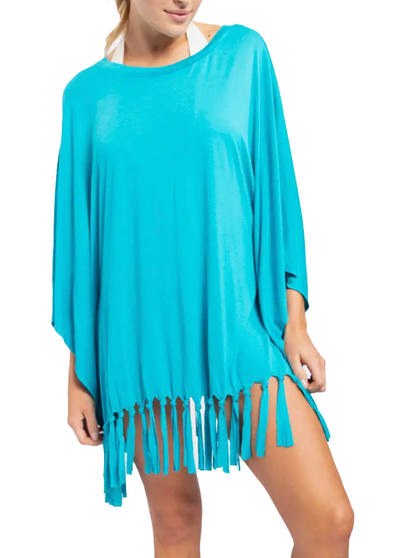 Lailah Swim Cover-Up in Turquoise  In a flowy silhouette, this jersey knit cover-up has dolman-like sleeves and fringe running along the hem. So easy to slip on over your swimwear and versatile enough to wear out and about.  Material: 100% Rayon