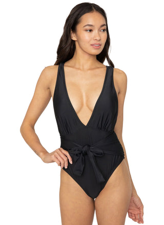 A classic black one piece with a deep v-neck and tie waist. 