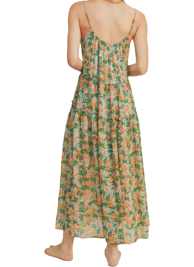 Merry Gold Midi Dress  Woven floral midi-dress with v-neckline.  Adjustable cami straps, scooped back and ruffled tiered design.  Material: 90% Nylon, 10% Elastane Back