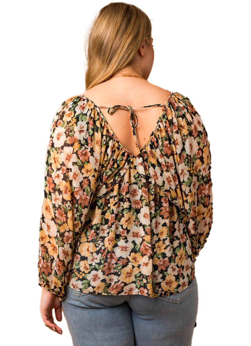 Night Garden Blouse  Long sleeve, v-neck babydoll blouse. Back view. 