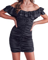 Nights in Black Satin Ruched Dress  Tiered layers ruffled neck line sleeveless off shoulder ruched mini dress.  Material: 95% Polyester 5% Spandex