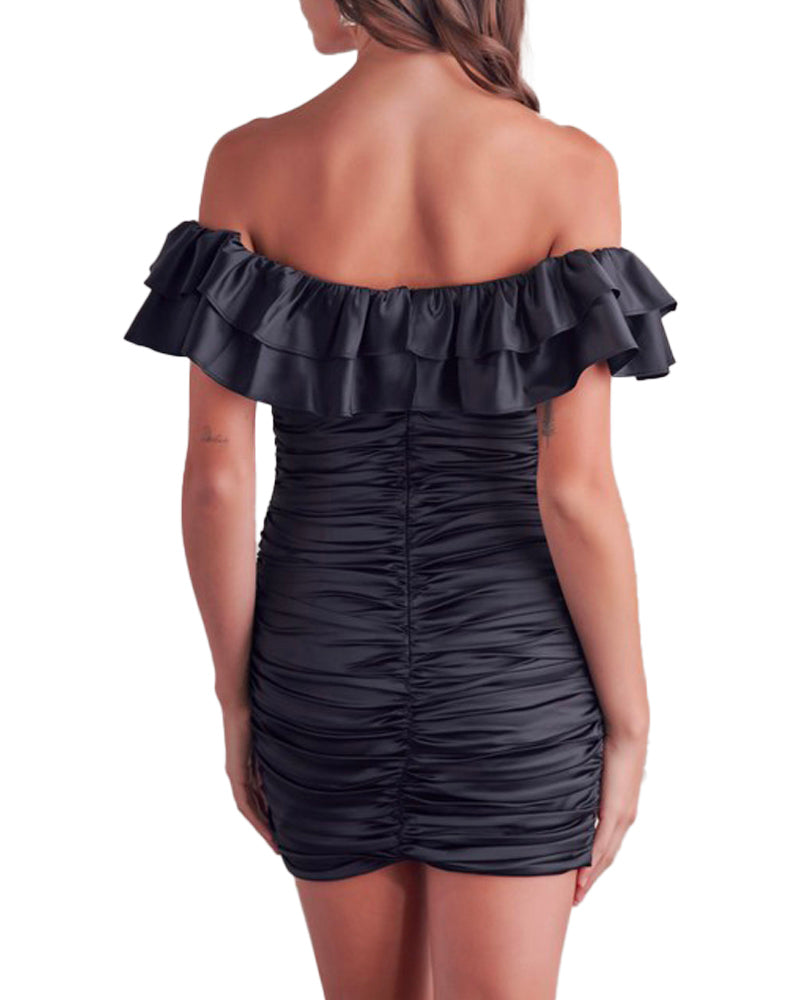 Nights in Black Satin Ruched Dress  Tiered layers ruffled neck line sleeveless off shoulder ruched mini dress.  Material: 95% Polyester 5% Spandex
