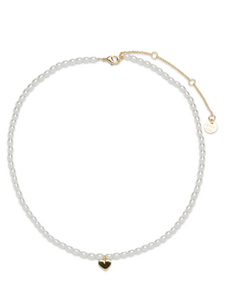 Pretty Treasures Choker Necklace  When we say pearly whites we only mean one thing. Our glass pearl choker with dainty heart charm!  - Brass Base with with gold plating and glass pearls - 14" with 3" Extension