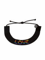 Pura Vida Woven Seed Bead Love Bracelet  Wear your love loud and proud with our Woven Seed Bead Love Bracelet. This bold black design features a thick woven band and “love” spelled out in a rainbow of seed beads.   For every bracelet sold, Pura Vida will donate 5% of the purchase price* to The Trevor Project, the world’s largest suicide prevention and crisis intervention organization for LGBTQ young people, with a minimum donation of $25,000.