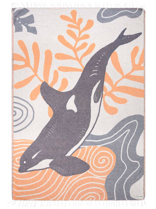 Risso Sand Cloud Towel Large  Tired of bulky towels? We're not like the old school towels that take forever to dry--ours dry 3x faster! Plus, it gets softer and more absorbent with every wash! Leave the sand where it belongs with our sand-free towels.  Orca whale design, made from Turkish organic cotton for a softer hand feel and a better sustainable product, double jacquard weave, twisted tassels, quick dry and sand resistant.  Large size approx 51" X 70" (130cm x 178cm) Finished towel weight 1.15 lbs