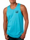 Salt Tolerant Skyway Tank - Tahiti Blue  This tank top is unique with Salt Tolerant logo on the front. Locally designed and printed. front view. 