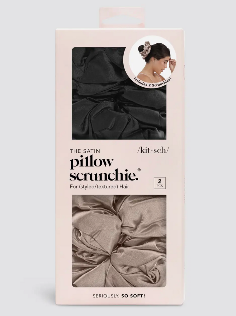 Satin Pillow Scrunchies 2pc  KITSCH Satin Pillow Scrunchies are your newest nighttime necessity and the perfect alternative to traditional elastics! The plush satin material won't crimp or agitate your strands while you sleep, allowing you to wake up frizz-free and ready to take on the day! Banish breakage while preserving your hair in pillowy-soft comfort. Each package includes 2 Pillow Scrunchies measuring 7 inches in diameter.