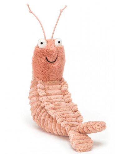 Stuffed animal shrimp.  light pink. Sheldon Shrimp is just so adorkable, with big bobbly eyes and stretchy feelers. He's a fun-loving shellfish with a soft peachy head and a cordy textured tummy and tail. Sheldon loves to explore the rockpools and meet new friends on seaside holidays!
